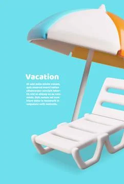 Summer vacation 3D poster vector design, beach lounger sunbed and umbrella Stockillustratie
