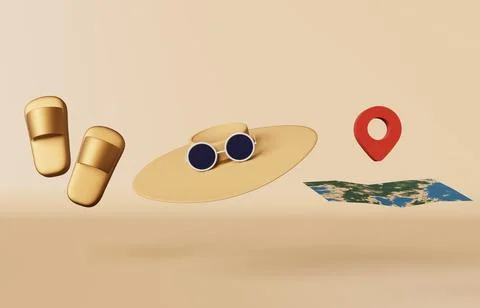 Summer vacation 3d rendering loop 4K Map with geolocation slippers sunglasses Stock Illustration