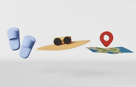 Summer vacation 3d rendering Map geolocation slippers sunglasses. Summertim.. Stock Illustration