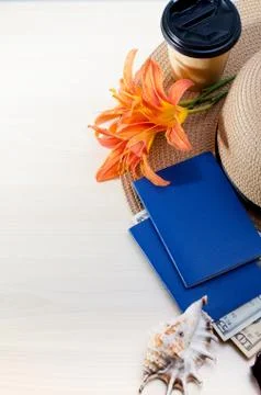 Summer Vacation accessories, documents, passports and money. Good for tourist Stock Photos