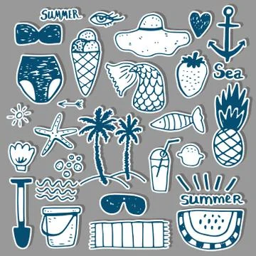 Summer vacation accessories flat icons set. Colorful abstract vector Stock Illustration