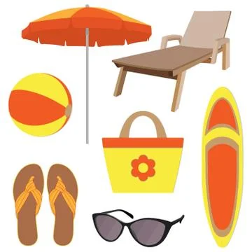 Summer vacation accessories in flat style, set. Chaise longue, slippers, sun  Stock Illustration