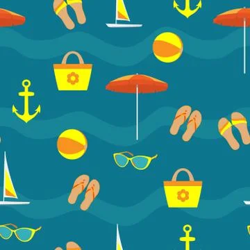 Summer vacation accessories in flat style on blue background, seamless patter Stock Illustration