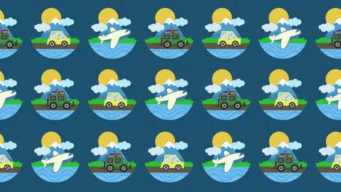 Summer vacation adventure repeating backdrop with road trip and flight pattern Stock Footage 335897631