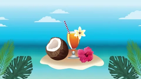 Summer vacation animated background with tropical cocktail coconut and hibi.. Stock Footage 334262851