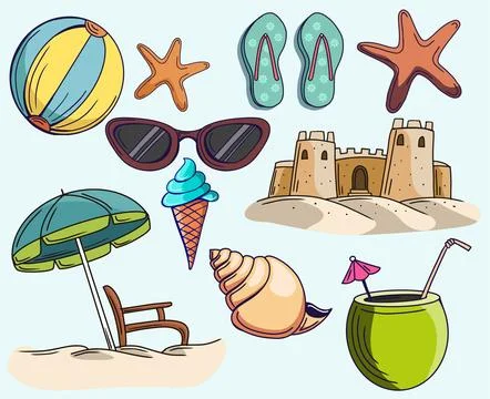 Summer vacation beach elements hand drawn vector Stock Illustration