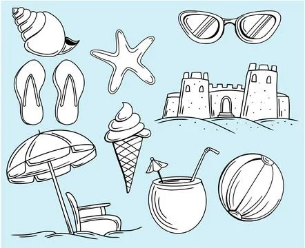 Summer vacation beach elements hand drawn vector Stock Illustration