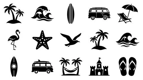 Summer vacation beach icon set collection with silhouette icons Stock Illustration