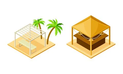 Summer vacation beach objects set. Gazebo, palm trees and deck chairs isometric Stock Illustration