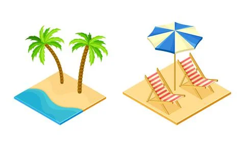 Summer vacation beach objects set. Umbrella, palm trees and deck chairs イラスト素材