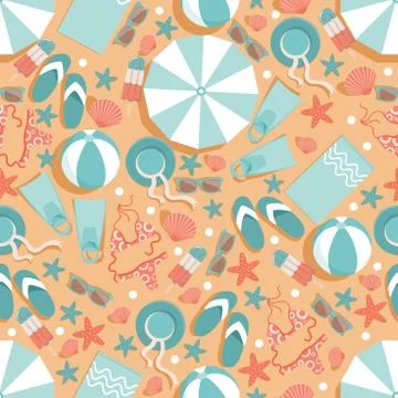 Summer vacation at the beach vector flat seamless pattern. Top view beach, sea Illustrazione stock