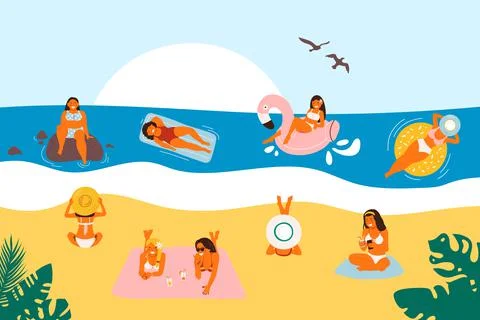 Summer vacation on the beach, vector illustration. Flat sea holiday activities 스톡 일러스트