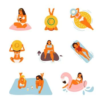 Summer vacation on the beach, vector illustration. Flat sea holiday activities Stock-Illustration