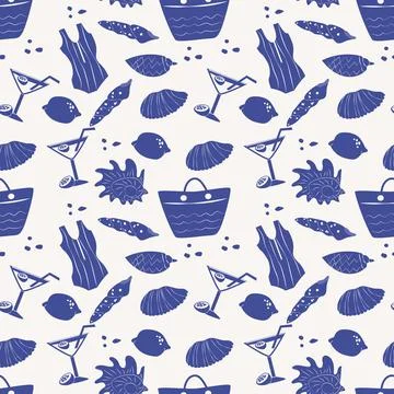 Summer vacation blue pattern. Mediterranean seaside seamless 스톡 일러스트