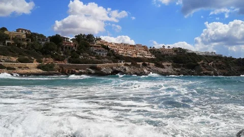 Summer vacation Cala Mandia Manacor waves on the beach with blue sky Stock Footage 108410185