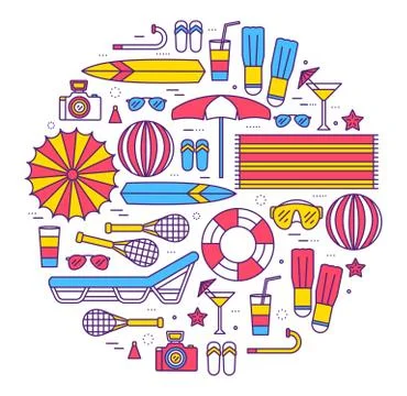 Summer vacation circle concept in thin lines style design. Beach umbrella Stock Illustration