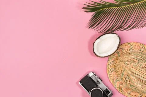 Summer vacation composition. Hat, palm leaves, coconut and other stuff Stock Photos