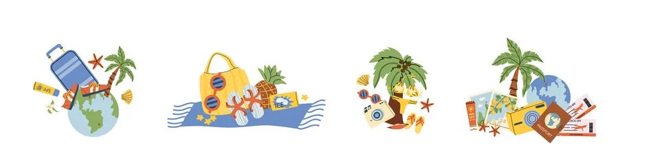 Summer vacation compositions set. Stock Illustration