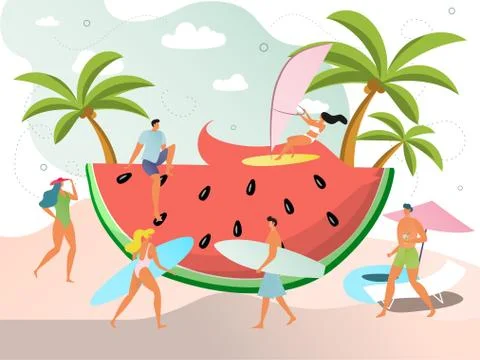 Summer vacation concept, active people with surfboards, huge watermelon slice on 스톡 일러스트