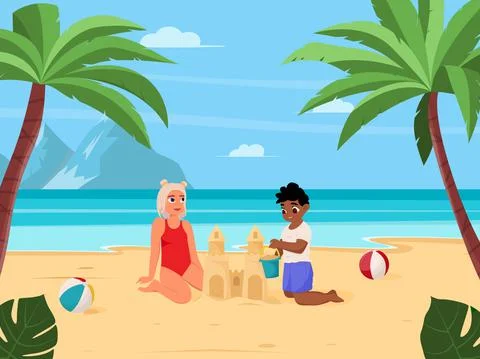 Summer vacation concept background. Beautiful summer beach landscape with sea 스톡 일러스트