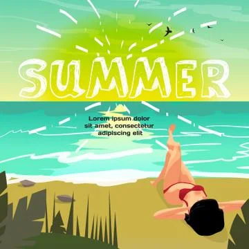 Summer vacation concept background with space for text. Woman in Illustrazione stock
