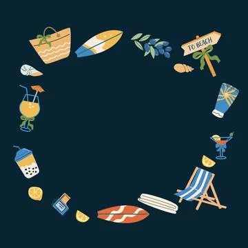 Summer vacation concept with beach items and tropical drinks for fun designs Stock Illustration