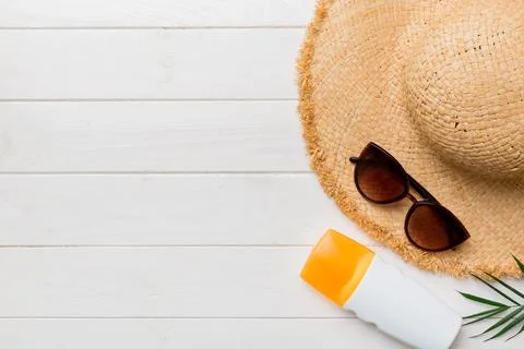 Summer vacation concept flat lay. beach accessories and towel top view. Space Stock Photos