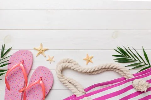 Summer vacation concept flat lay. beach accessories and towel top view. Space Stock Photos