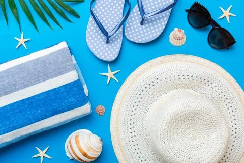 Summer vacation concept flat lay. beach accessories and towel top view. Spa.. Stock Photos