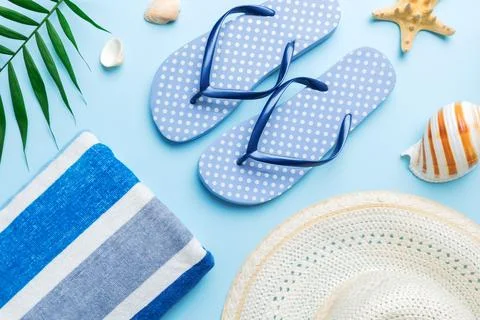 Summer vacation concept flat lay. beach accessories and towel top view. Space Stock Photos