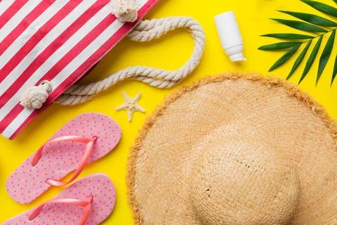 Summer vacation concept flat lay. beach accessories and towel top view. Space Stock Photos