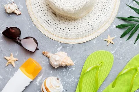Summer vacation concept flat lay. beach accessories and towel top view. Space Stock Photos