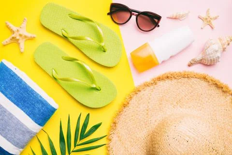 Summer vacation concept flat lay. beach accessories and towel top view. Spa.. Stock Photos