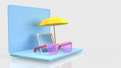 Summer Vacation Concept With Laptop Beach Scene 3d render. Stock Illustration