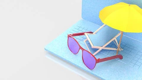 Summer Vacation Concept With Laptop Beach Scene 3d render. Stock Illustration