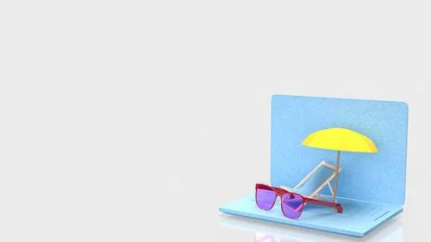 Summer Vacation Concept With Laptop Beach Scene 3d render. Stock Illustration