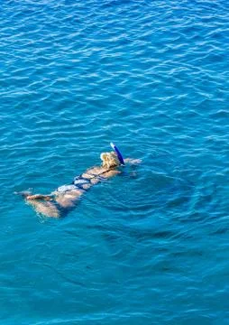 Summer vacation concept pattern swimming woman back to camera top view nature 스톡 사진
