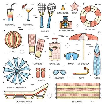 Summer vacation concept in thin lines style design. Beach umbrella, lifebuoy Stock Illustration