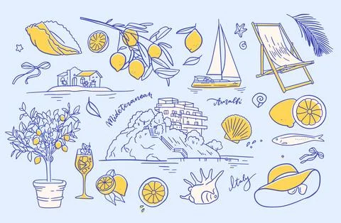 Summer vacation contour elements set, hand drawn linear Italian coast sea print Stock Illustration