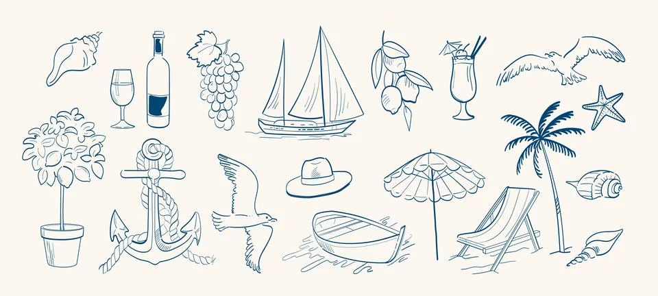 Summer vacation doodle set. Linear sketches with refreshing cocktails, beach and Stockillustratie