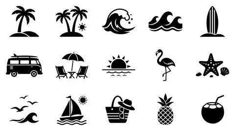 Summer vacation elements collection tropical beach icons set vector Stock Illustration