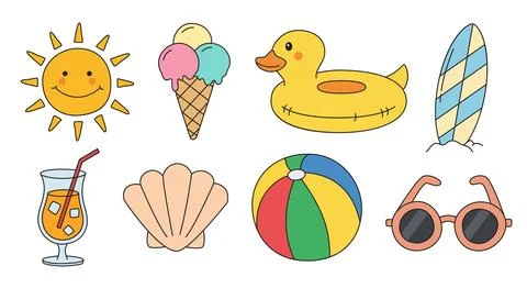 Summer vacation elements with cute hand drawn tropical leisure items and ha.. 스톡 일러스트