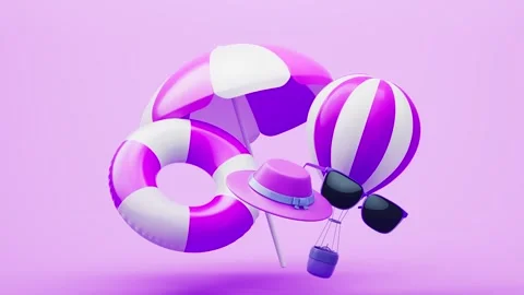 Summer vacation elements floating animation, inflatable ring, beach ball, h.. Stock Footage 332336464