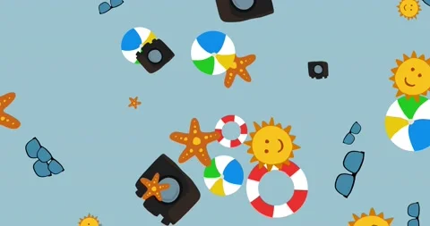 Summer vacation elements flying up. Cartoon sun, camera, sunglasses, starfish Stock Footage 158319028