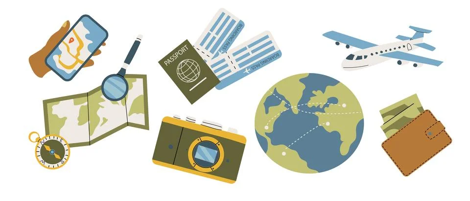 Summer vacation essentials with plane and camera. Illustrazione stock