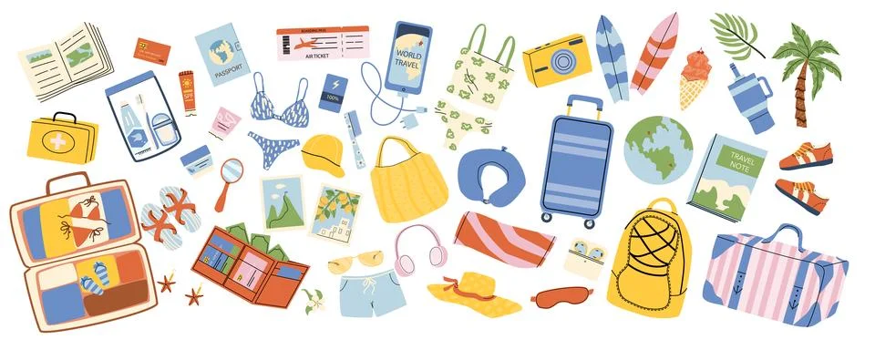 Summer vacation essentials set. Summer travel elements for airport. Travel Stockillustratie