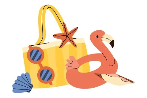 Summer vacation flamingo floating ring illustration with beach bag, seashells Stock Illustration