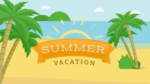 Summer vacation flat vector banner. Children camp promotion with yellow brush Stock Illustration