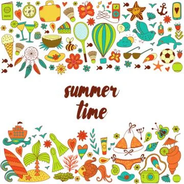 Summer vacation hand drawn vector elementss and objects, beach symbols イラスト素材
