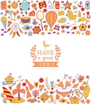 Summer vacation hand drawn vector elementss and objects, beach symbols Illustrazione stock